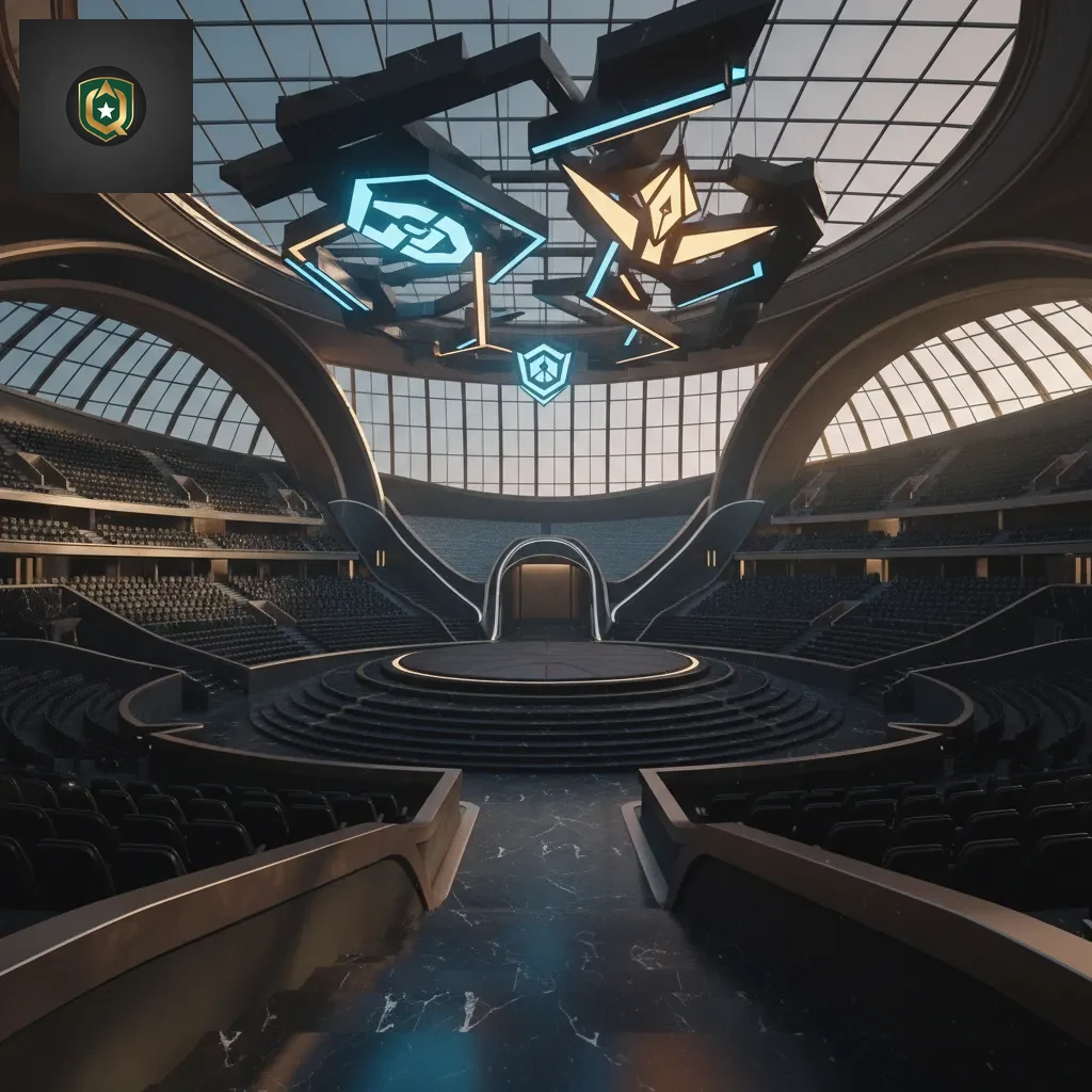 A monitor displaying an international esports tournament bracket with team logos on stage.